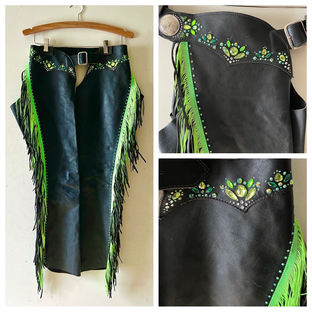 Black Leather Chaps with Green Fringe and Rhinestone Embellishments